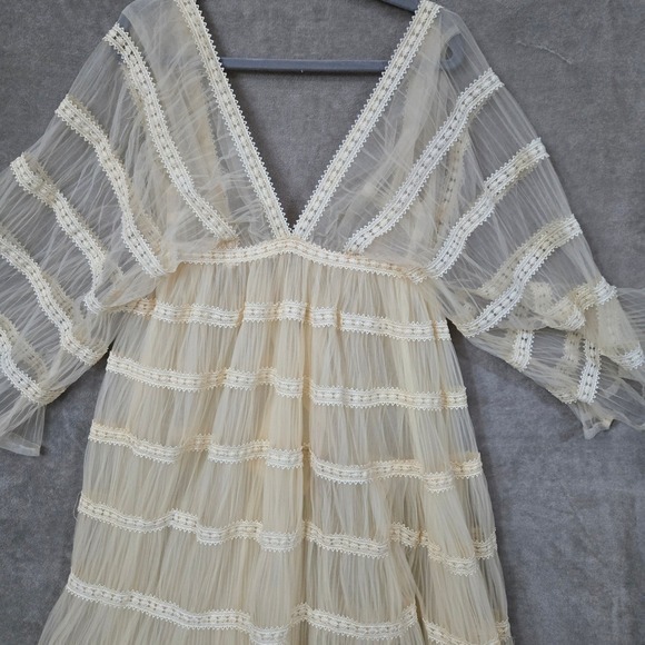 Pregnancy Photoshoot Maxi Dress Cream Boho Tulle Lace Tiered Wedding Gown 70s - Picture 10 of 12